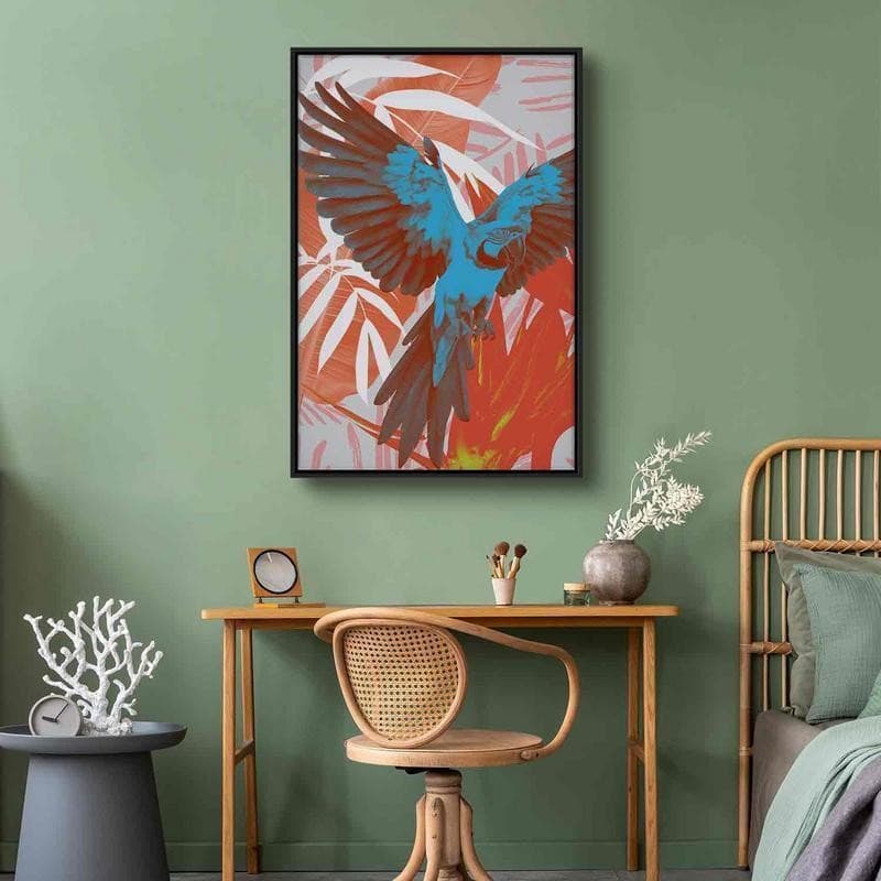 Quadro - Exotic Wings - Parrot Among Abstract Leaf Patterns in Poster e stampe Collezione Casa - Trebisacce, commercioVirtuoso.it
