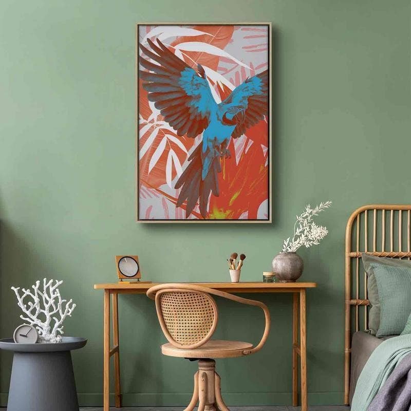 Quadro - Exotic Wings - Parrot Among Abstract Leaf Patterns in Poster e stampe Collezione Casa - Trebisacce, commercioVirtuoso.it