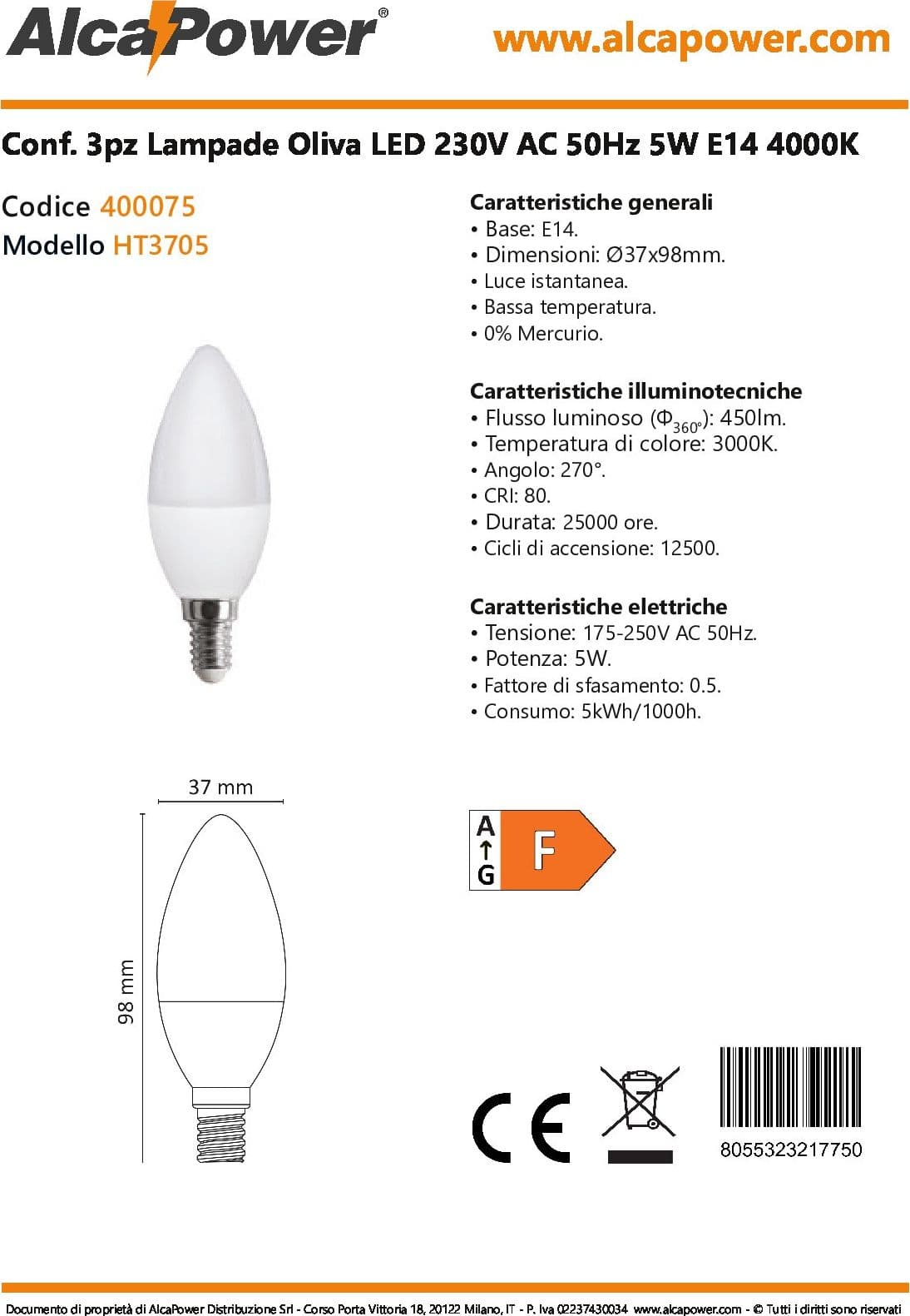 Alca Power C37 5W 220V 400LM 4000K E14 lampada mini oliva a led box da 3pz in Catene luminose Aloiserw.com - Altomonte, commercioVirtuoso.it
