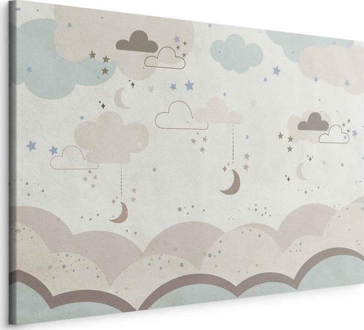 Quadro - Cloudy Night Sky - Moons in Brown and Beige Hues Among Clouds and Numerous Little Stars on a Light Background in Poster e stampe Collezione Casa - Trebisacce, commercioVirtuoso.it