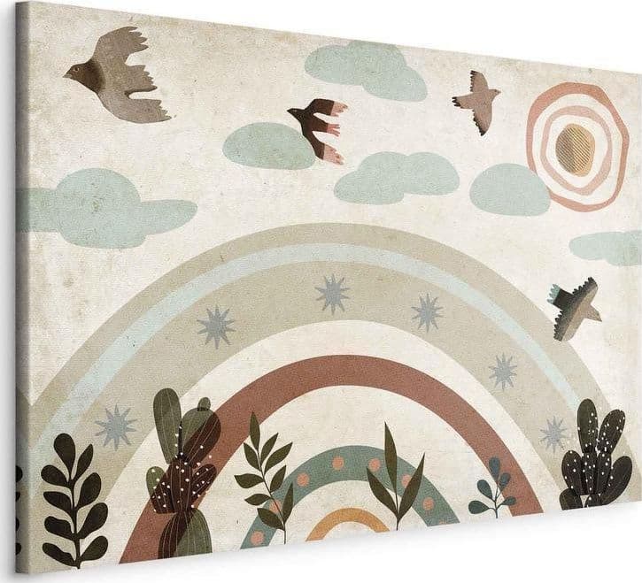 Quadro - Rainbow and Sun Above - Birds in Subdued Colors Flying Among Clouds Above a Rainbow and Various Plants on a Lig in Poster e stampe Collezione Casa - Trebisacce, commercioVirtuoso.it