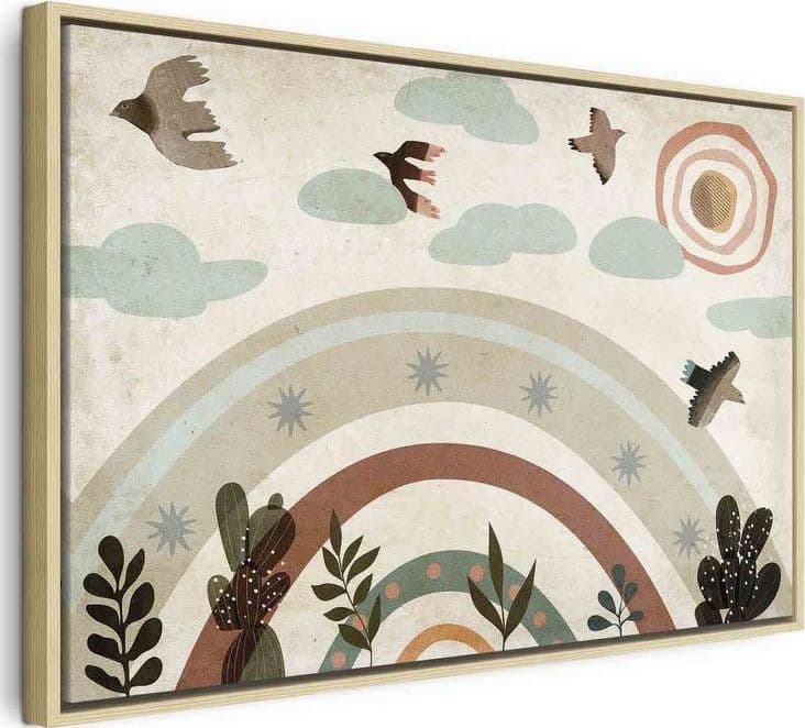 Quadro - Rainbow and Sun Above - Birds in Subdued Colors Flying Among Clouds Above a Rainbow and Various Plants on a Lig in Poster e stampe Collezione Casa - Trebisacce, commercioVirtuoso.it