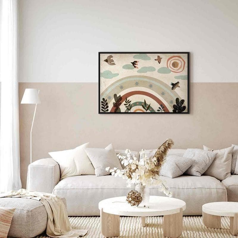 Quadro - Rainbow and Sun Above - Birds in Subdued Colors Flying Among Clouds Above a Rainbow and Various Plants on a Lig in Poster e stampe Collezione Casa - Trebisacce, commercioVirtuoso.it