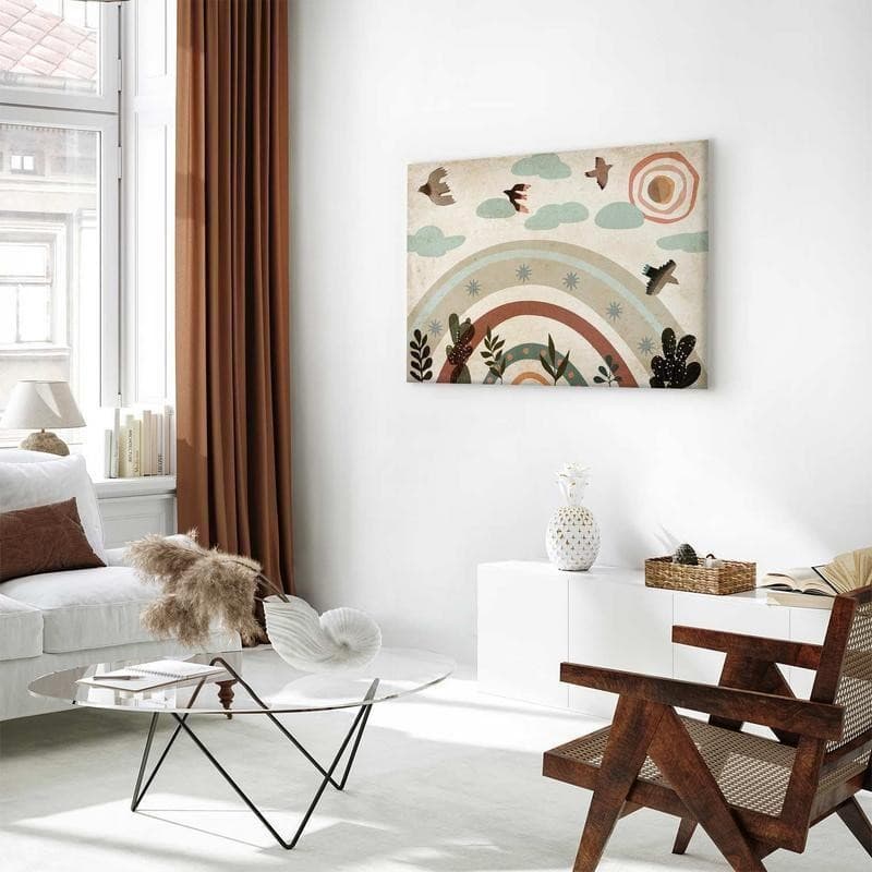 Quadro - Rainbow and Sun Above - Birds in Subdued Colors Flying Among Clouds Above a Rainbow and Various Plants on a Lig in Poster e stampe Collezione Casa - Trebisacce, commercioVirtuoso.it