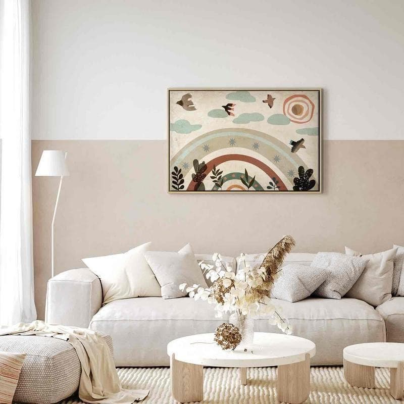 Quadro - Rainbow and Sun Above - Birds in Subdued Colors Flying Among Clouds Above a Rainbow and Various Plants on a Lig in Poster e stampe Collezione Casa - Trebisacce, commercioVirtuoso.it