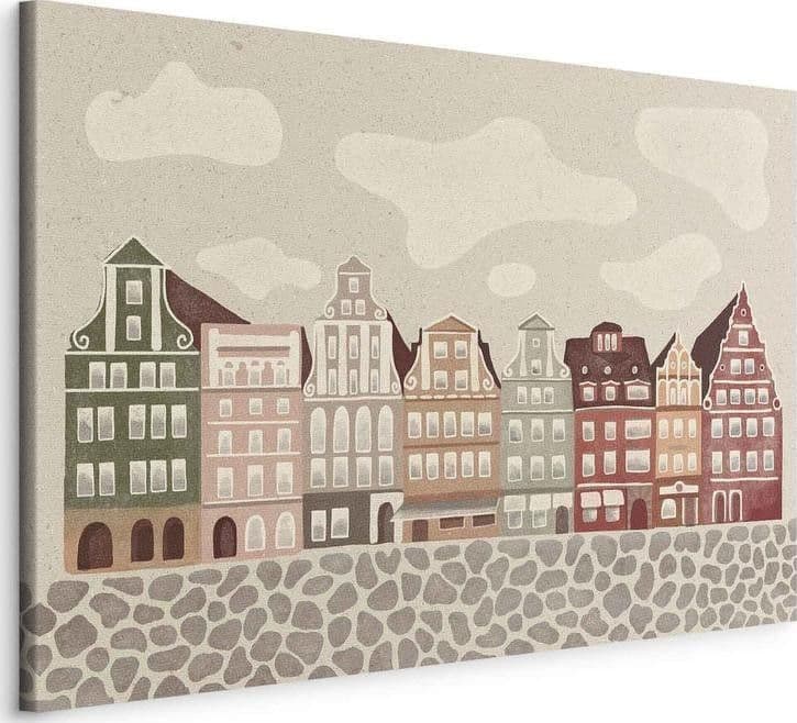 Quadro - Salt Square - Colorful Illustrated Townhouses Against a Cloudy Sky Background in Poster e stampe Collezione Casa - Trebisacce, commercioVirtuoso.it