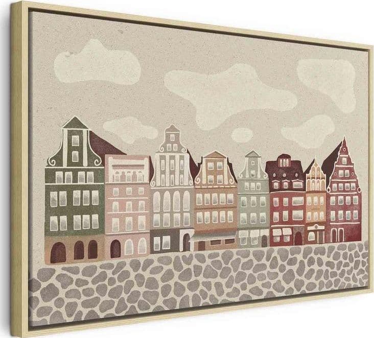 Quadro - Salt Square - Colorful Illustrated Townhouses Against a Cloudy Sky Background in Poster e stampe Collezione Casa - Trebisacce, commercioVirtuoso.it