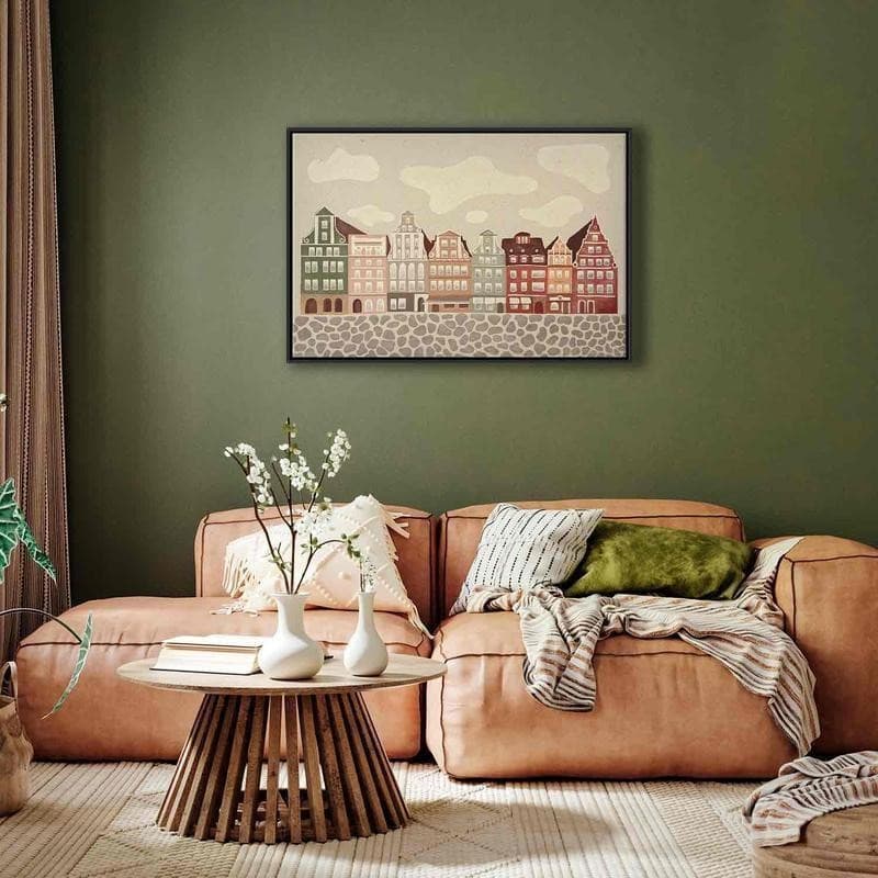 Quadro - Salt Square - Colorful Illustrated Townhouses Against a Cloudy Sky Background in Poster e stampe Collezione Casa - Trebisacce, commercioVirtuoso.it