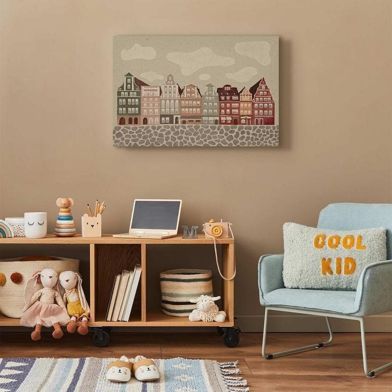 Quadro - Salt Square - Colorful Illustrated Townhouses Against a Cloudy Sky Background in Poster e stampe Collezione Casa - Trebisacce, commercioVirtuoso.it