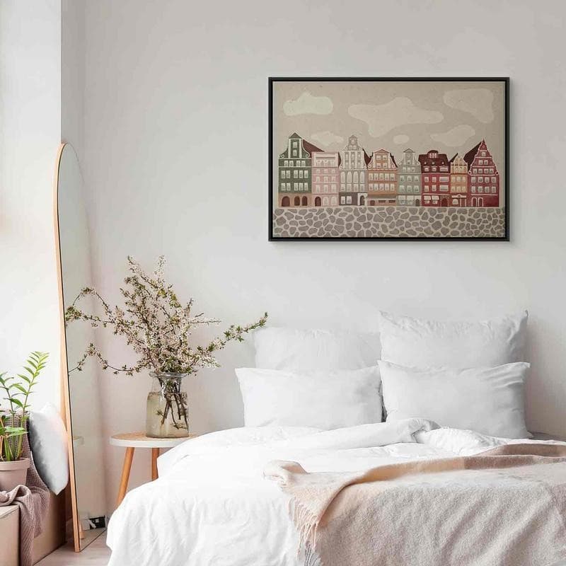 Quadro - Salt Square - Colorful Illustrated Townhouses Against a Cloudy Sky Background in Poster e stampe Collezione Casa - Trebisacce, commercioVirtuoso.it