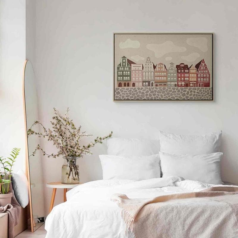 Quadro - Salt Square - Colorful Illustrated Townhouses Against a Cloudy Sky Background in Poster e stampe Collezione Casa - Trebisacce, commercioVirtuoso.it