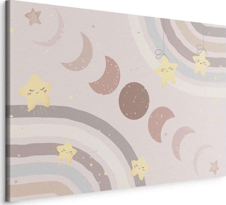 Quadro - Joyful Sky - Yellow Cheerful Stars with a Rainbow Against the Phases of the Moon in a Light Beige Sky Hue in Poster e stampe Collezione Casa - Trebisacce, commercioVirtuoso.it