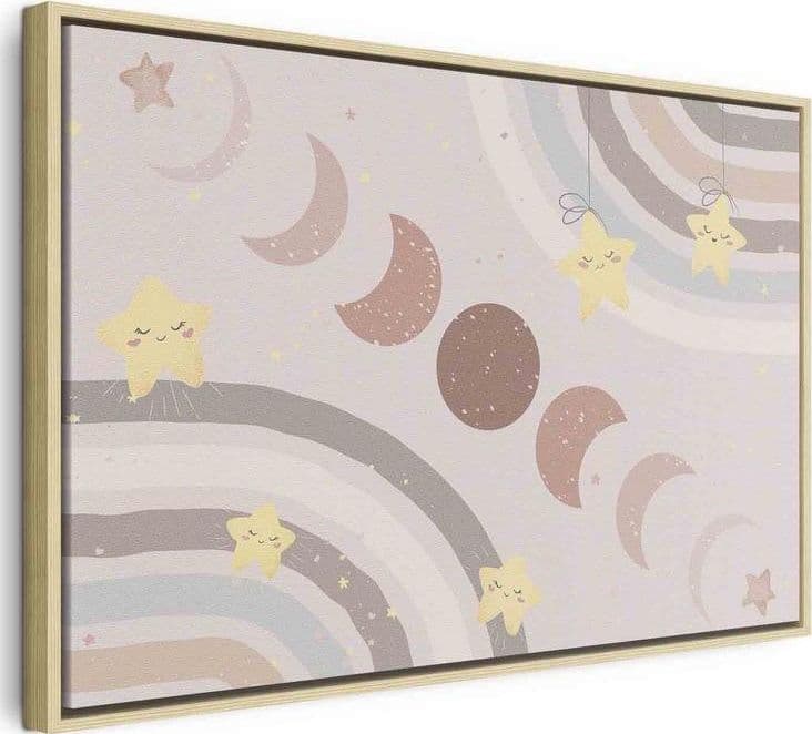 Quadro - Joyful Sky - Yellow Cheerful Stars with a Rainbow Against the Phases of the Moon in a Light Beige Sky Hue in Poster e stampe Collezione Casa - Trebisacce, commercioVirtuoso.it