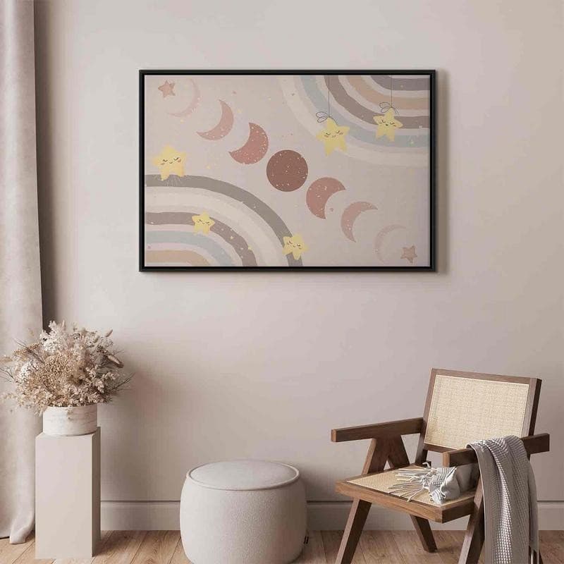 Quadro - Joyful Sky - Yellow Cheerful Stars with a Rainbow Against the Phases of the Moon in a Light Beige Sky Hue in Poster e stampe Collezione Casa - Trebisacce, commercioVirtuoso.it