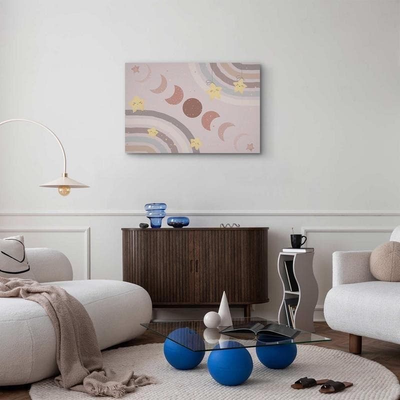Quadro - Joyful Sky - Yellow Cheerful Stars with a Rainbow Against the Phases of the Moon in a Light Beige Sky Hue in Poster e stampe Collezione Casa - Trebisacce, commercioVirtuoso.it