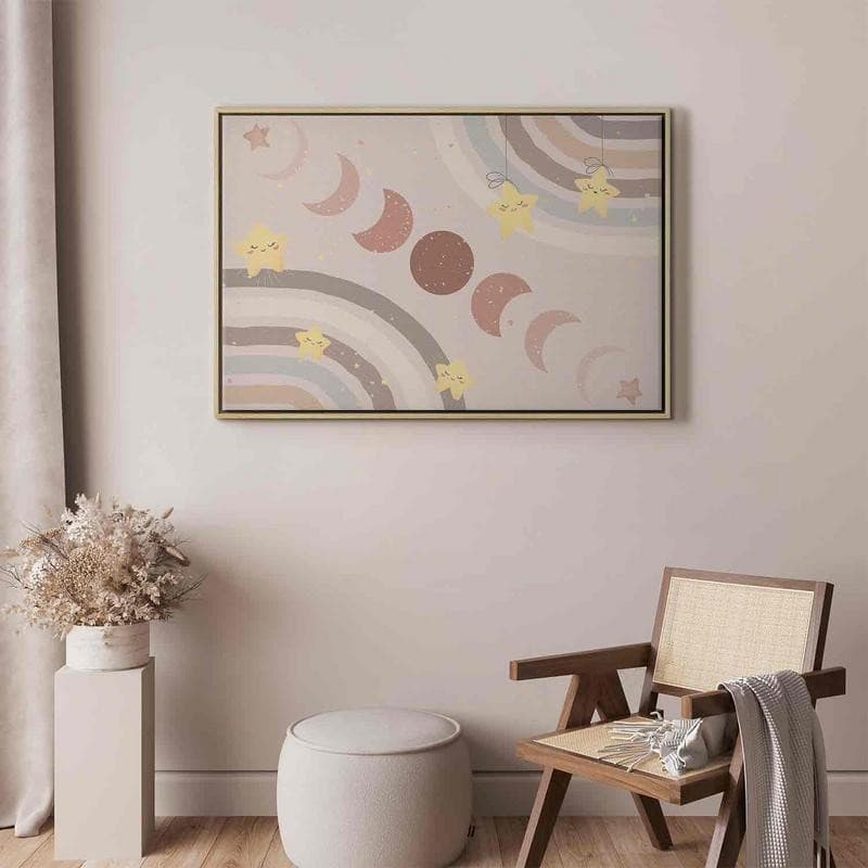 Quadro - Joyful Sky - Yellow Cheerful Stars with a Rainbow Against the Phases of the Moon in a Light Beige Sky Hue in Poster e stampe Collezione Casa - Trebisacce, commercioVirtuoso.it