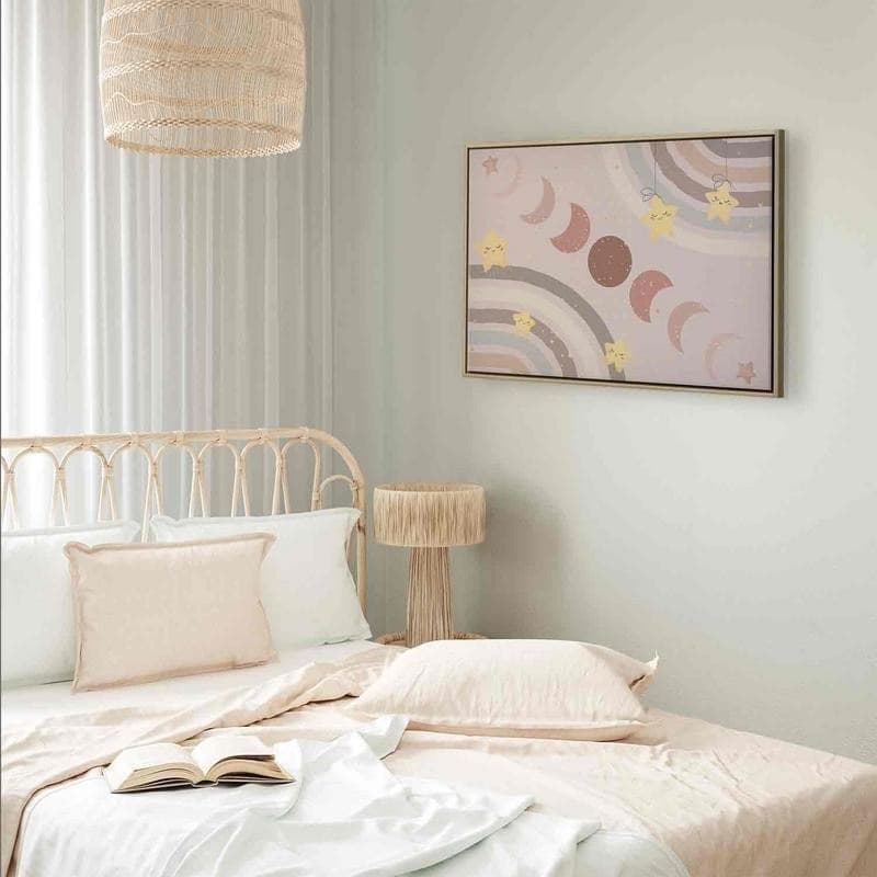 Quadro - Joyful Sky - Yellow Cheerful Stars with a Rainbow Against the Phases of the Moon in a Light Beige Sky Hue in Poster e stampe Collezione Casa - Trebisacce, commercioVirtuoso.it