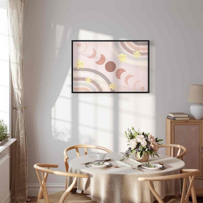 Quadro - Joyful Sky - Yellow Cheerful Stars with a Rainbow Against the Phases of the Moon in a Light Beige Sky Hue in Poster e stampe Collezione Casa - Trebisacce, commercioVirtuoso.it