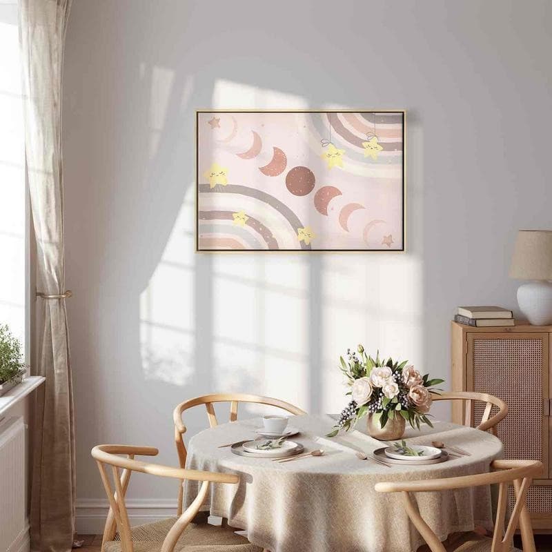 Quadro - Joyful Sky - Yellow Cheerful Stars with a Rainbow Against the Phases of the Moon in a Light Beige Sky Hue in Poster e stampe Collezione Casa - Trebisacce, commercioVirtuoso.it