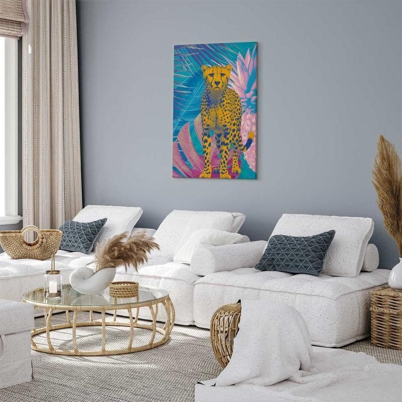 Quadro - Exotic Leopard - Colorful Portrait of a Cheetah Against Tropical Leaves in Poster e stampe Collezione Casa - Trebisacce, commercioVirtuoso.it