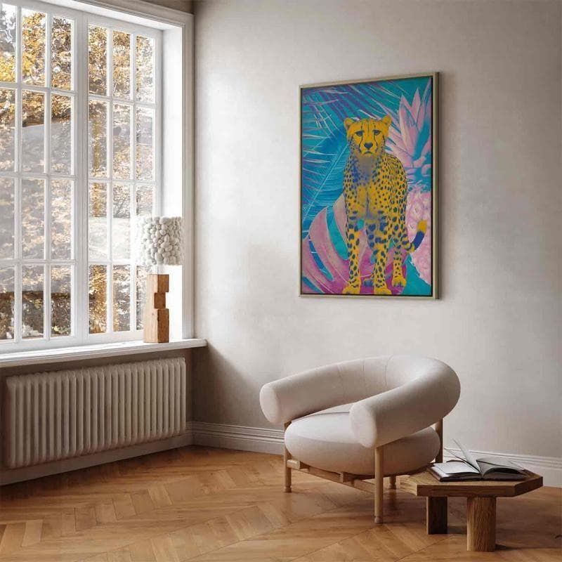 Quadro - Exotic Leopard - Colorful Portrait of a Cheetah Against Tropical Leaves in Poster e stampe Collezione Casa - Trebisacce, commercioVirtuoso.it
