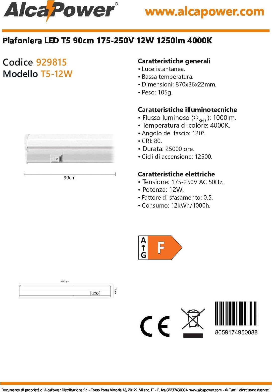 Alca Power T5 da 90cm 12W 220V 1000lm 4000K plafoniera reglette a led in Plafoniere Aloiserw.com - Altomonte, commercioVirtuoso.it
