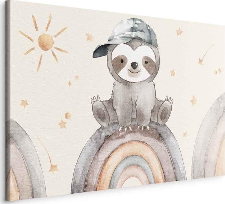 Quadro - Happy Sloth - Sloth in Subdued Colors Wearing a Cap Sitting on a Rainbow Among Little Stars in Poster e stampe Collezione Casa - Trebisacce, commercioVirtuoso.it