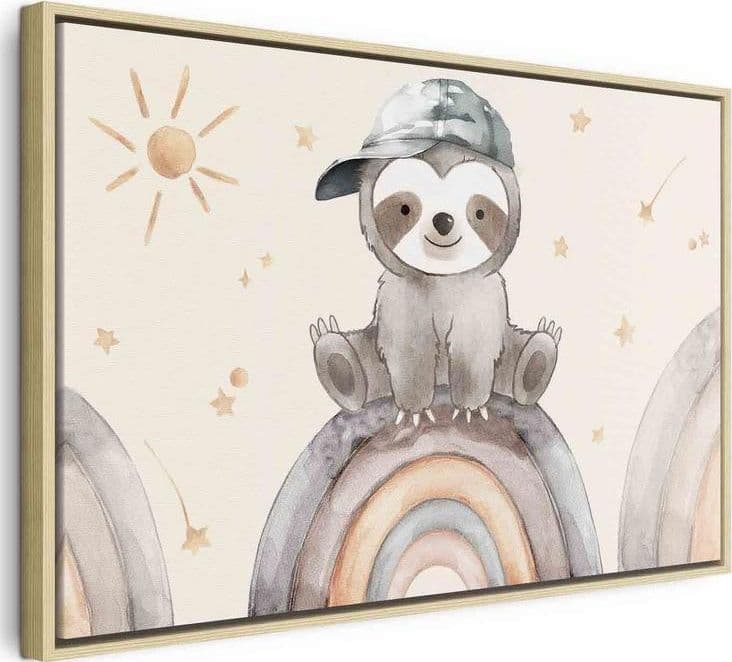 Quadro - Happy Sloth - Sloth in Subdued Colors Wearing a Cap Sitting on a Rainbow Among Little Stars in Poster e stampe Collezione Casa - Trebisacce, commercioVirtuoso.it