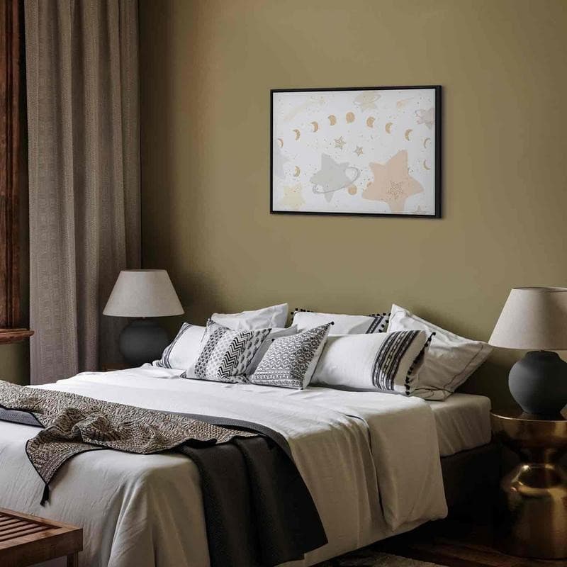 Quadro - Fairy-Tale Galaxy - Phases of the Moon in Yellow Tones Among Stars in Beige and Ash Colors with Stardust in Poster e stampe Collezione Casa - Trebisacce, commercioVirtuoso.it