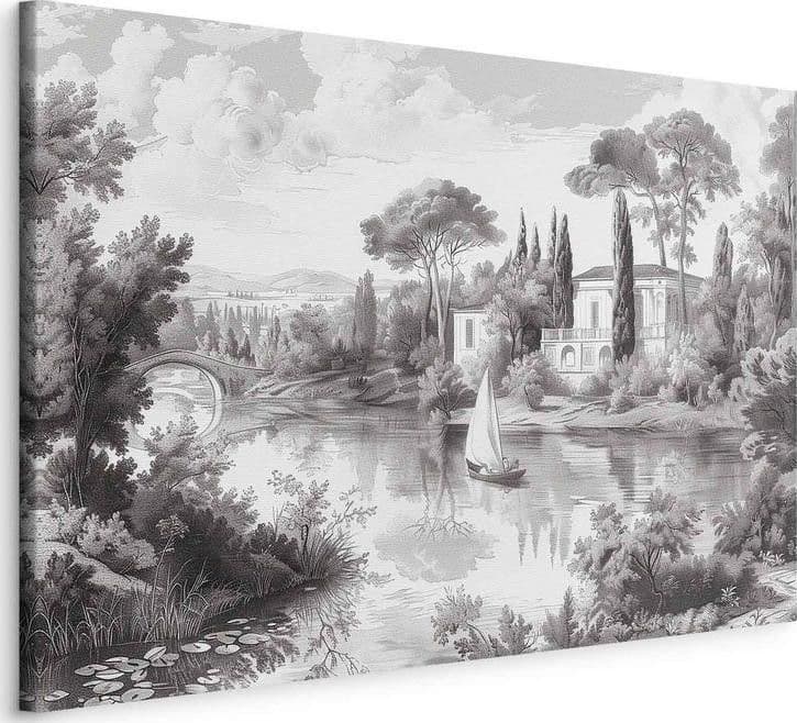 Quadro - Black and White Vintage Landscape Retro View of a Pond with a Boat in Poster e stampe Collezione Casa - Trebisacce, commercioVirtuoso.it