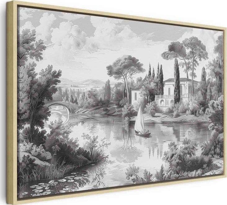 Quadro - Black and White Vintage Landscape Retro View of a Pond with a Boat in Poster e stampe Collezione Casa - Trebisacce, commercioVirtuoso.it