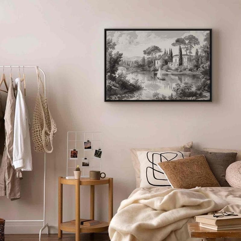 Quadro - Black and White Vintage Landscape Retro View of a Pond with a Boat in Poster e stampe Collezione Casa - Trebisacce, commercioVirtuoso.it