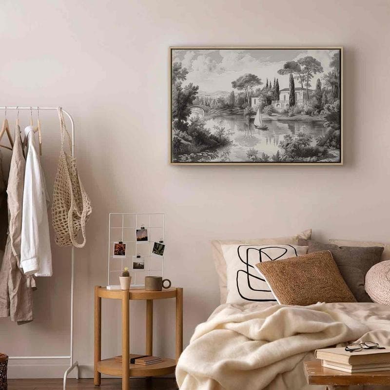 Quadro - Black and White Vintage Landscape Retro View of a Pond with a Boat in Poster e stampe Collezione Casa - Trebisacce, commercioVirtuoso.it