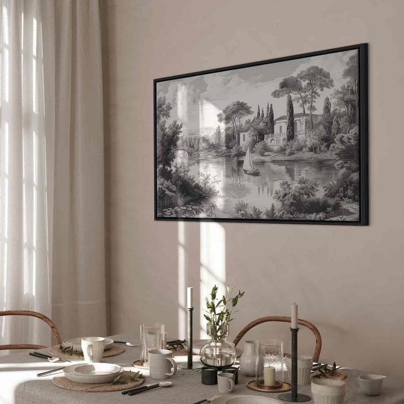 Quadro - Black and White Vintage Landscape Retro View of a Pond with a Boat in Poster e stampe Collezione Casa - Trebisacce, commercioVirtuoso.it