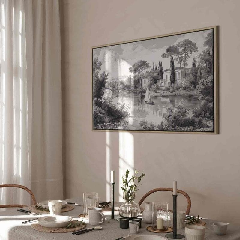 Quadro - Black and White Vintage Landscape Retro View of a Pond with a Boat in Poster e stampe Collezione Casa - Trebisacce, commercioVirtuoso.it
