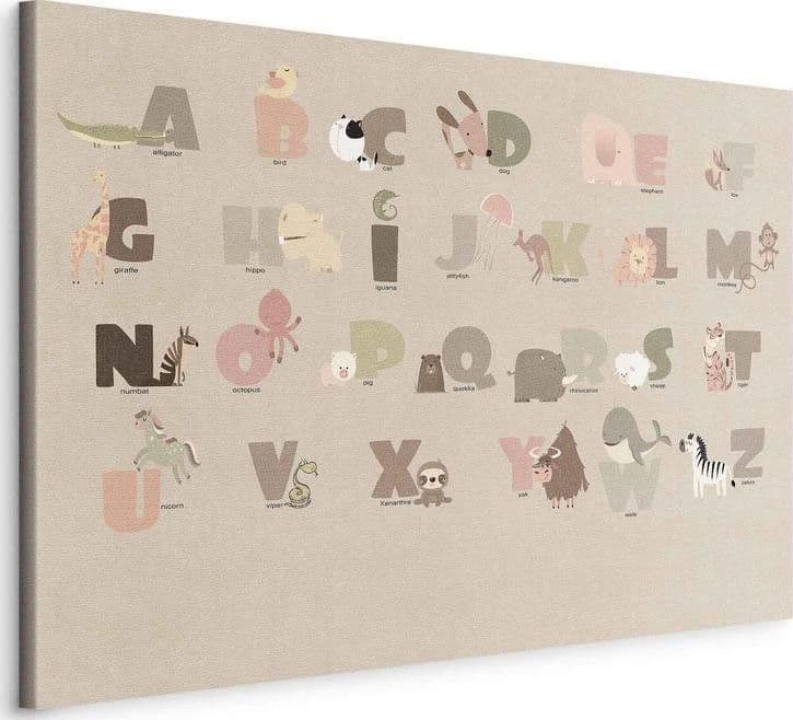 Quadro - Alphabet at the Zoo - Joyful Animals and Their Names on a Beige Background in Decorazioni a parete Collezione Casa - Trebisacce, commercioVirtuoso.it