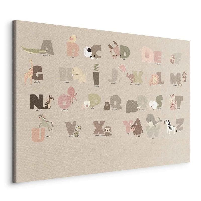 Quadro - Alphabet at the Zoo - Joyful Animals and Their Names on a Beige Background in Decorazioni a parete Collezione Casa - Trebisacce, commercioVirtuoso.it