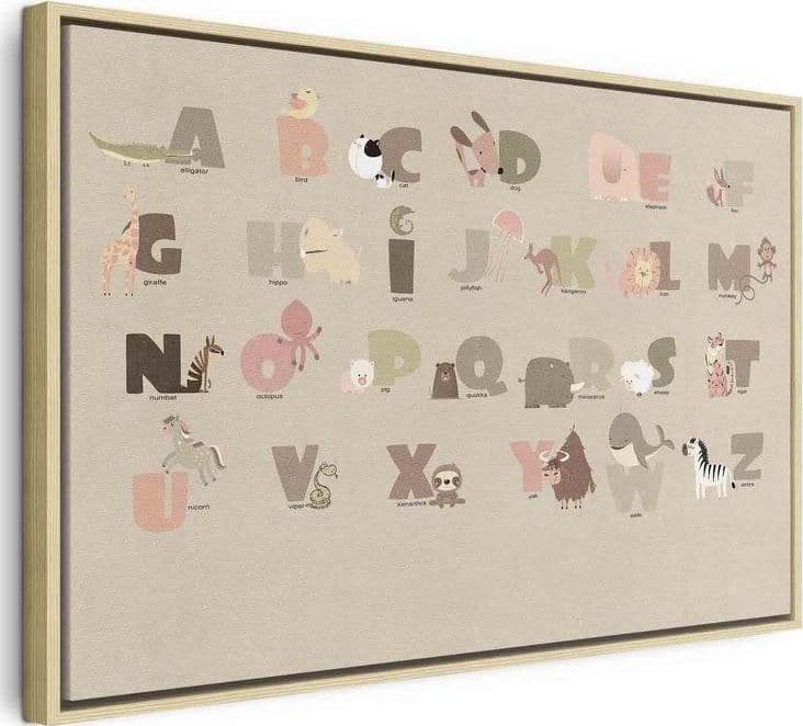 Quadro - Alphabet at the Zoo - Joyful Animals and Their Names on a Beige Background in Decorazioni a parete Collezione Casa - Trebisacce, commercioVirtuoso.it