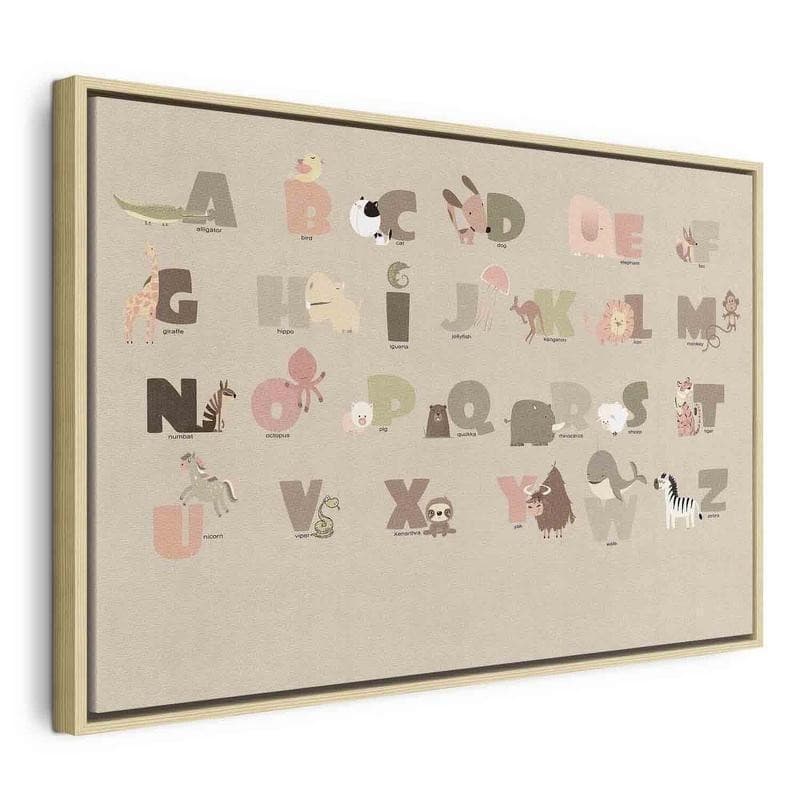 Quadro - Alphabet at the Zoo - Joyful Animals and Their Names on a Beige Background in Decorazioni a parete Collezione Casa - Trebisacce, commercioVirtuoso.it