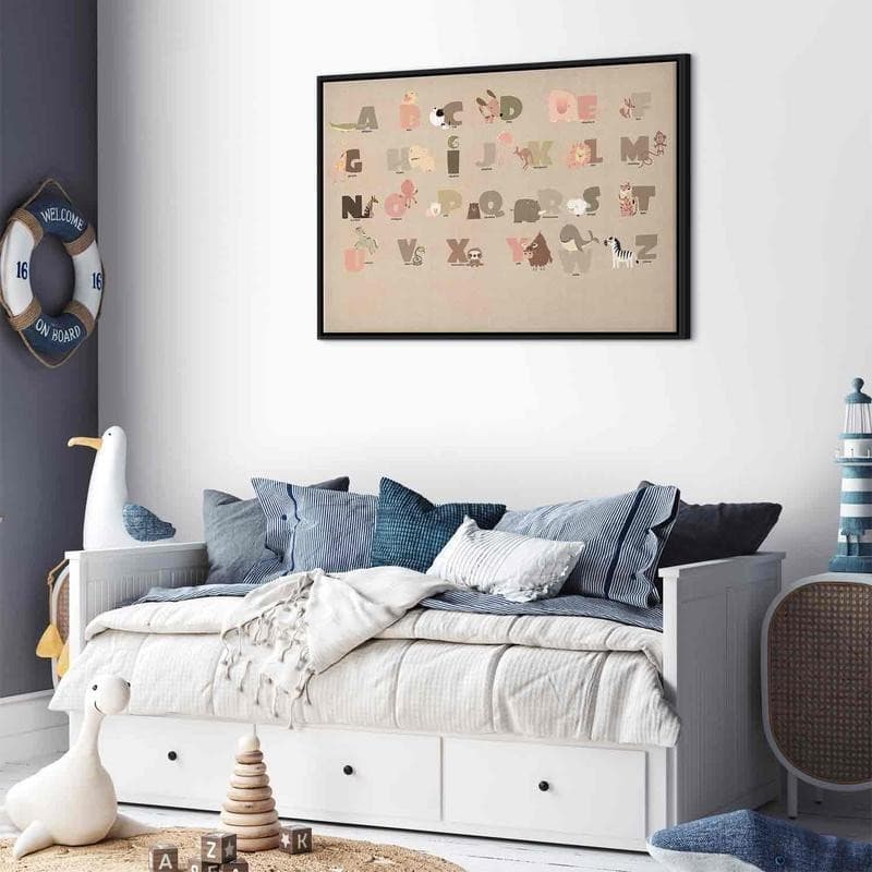 Quadro - Alphabet at the Zoo - Joyful Animals and Their Names on a Beige Background in Decorazioni a parete Collezione Casa - Trebisacce, commercioVirtuoso.it