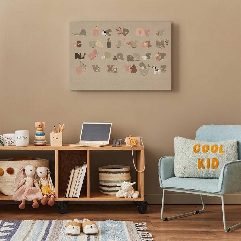 Quadro - Alphabet at the Zoo - Joyful Animals and Their Names on a Beige Background in Decorazioni a parete Collezione Casa - Trebisacce, commercioVirtuoso.it