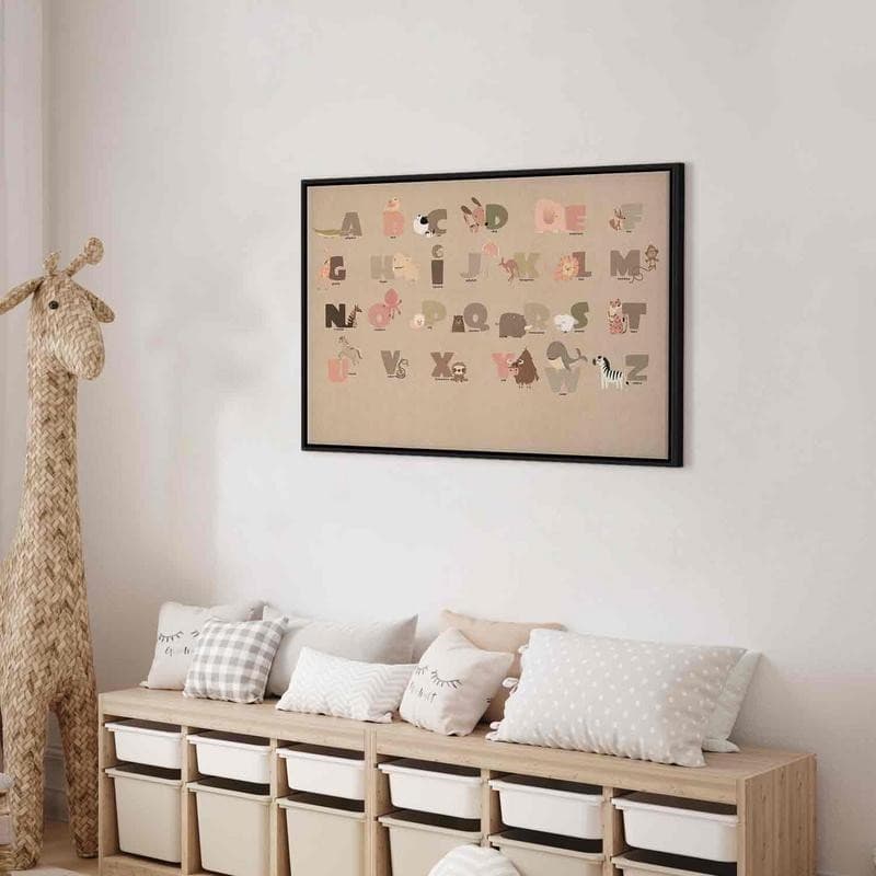 Quadro - Alphabet at the Zoo - Joyful Animals and Their Names on a Beige Background in Decorazioni a parete Collezione Casa - Trebisacce, commercioVirtuoso.it