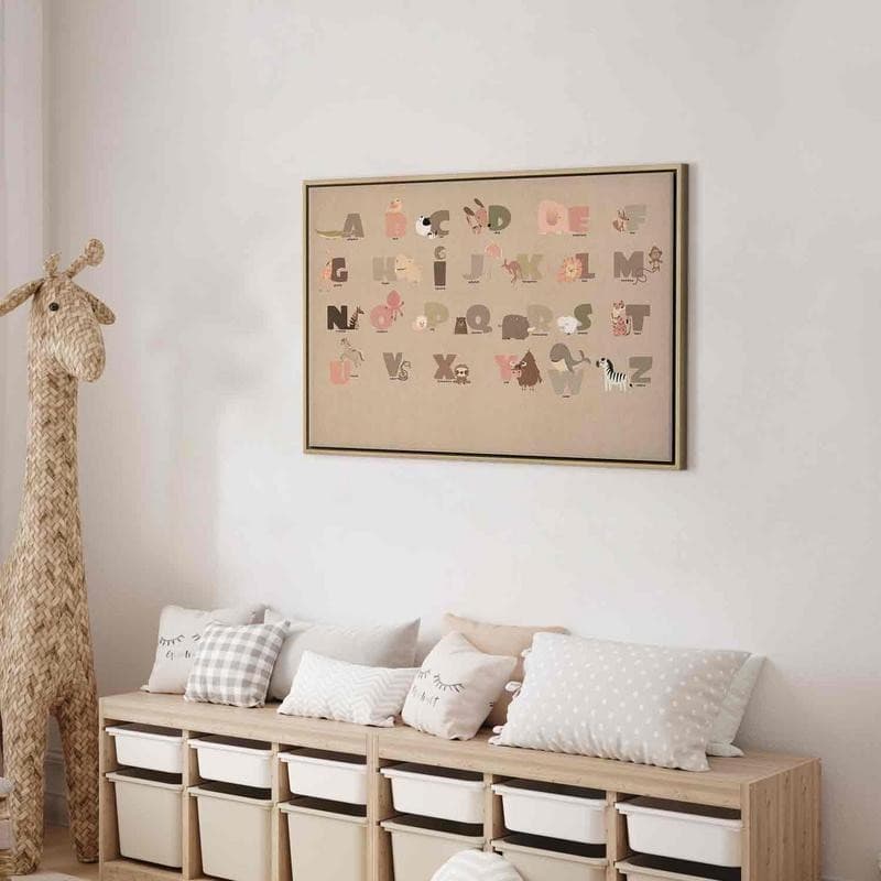 Quadro - Alphabet at the Zoo - Joyful Animals and Their Names on a Beige Background in Decorazioni a parete Collezione Casa - Trebisacce, commercioVirtuoso.it