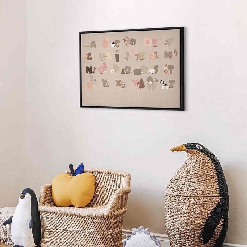 Quadro - Alphabet at the Zoo - Joyful Animals and Their Names on a Beige Background in Decorazioni a parete Collezione Casa - Trebisacce, commercioVirtuoso.it