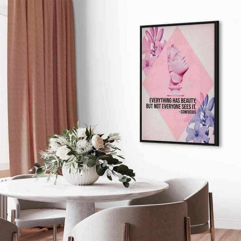 Quadro - Beauty in the Eyes - Inspirational Quote with Pink Bust and Flowers in Poster e stampe Collezione Casa - Trebisacce, commercioVirtuoso.it