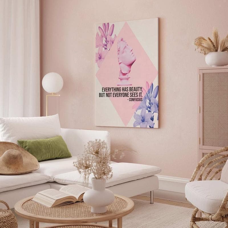 Quadro - Beauty in the Eyes - Inspirational Quote with Pink Bust and Flowers in Poster e stampe Collezione Casa - Trebisacce, commercioVirtuoso.it