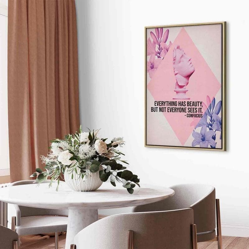 Quadro - Beauty in the Eyes - Inspirational Quote with Pink Bust and Flowers in Poster e stampe Collezione Casa - Trebisacce, commercioVirtuoso.it