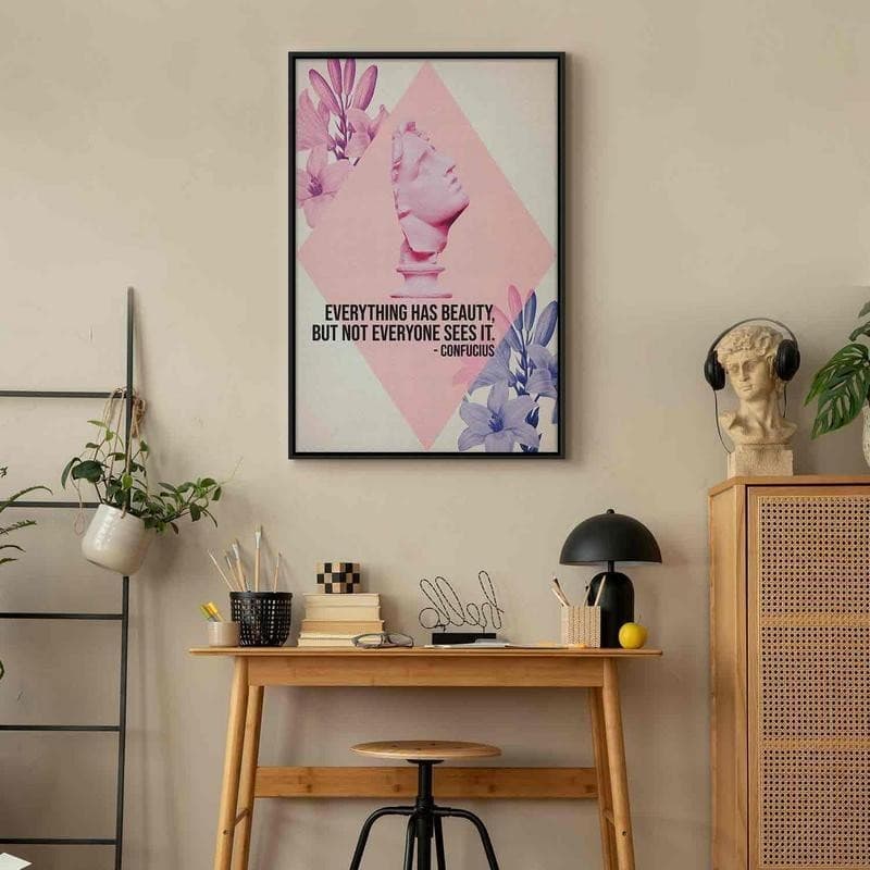 Quadro - Beauty in the Eyes - Inspirational Quote with Pink Bust and Flowers in Poster e stampe Collezione Casa - Trebisacce, commercioVirtuoso.it