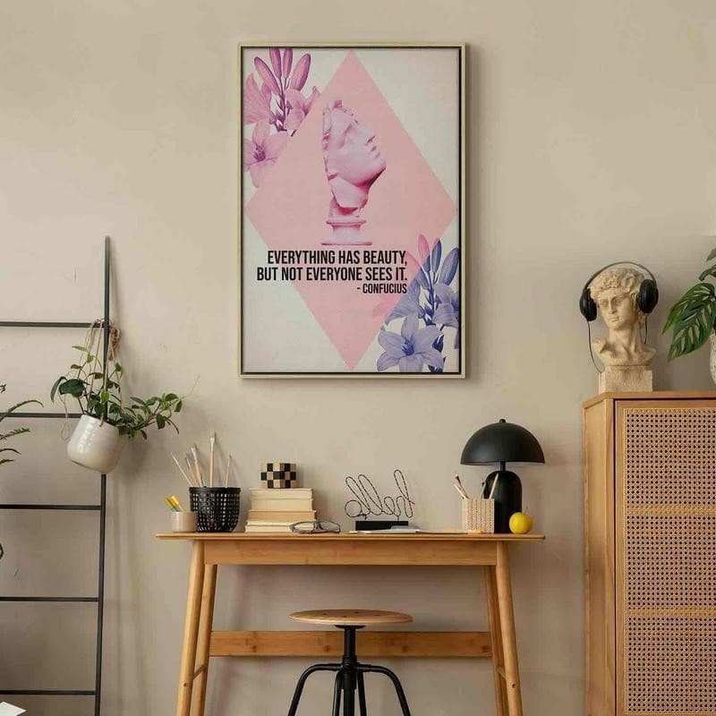 Quadro - Beauty in the Eyes - Inspirational Quote with Pink Bust and Flowers in Poster e stampe Collezione Casa - Trebisacce, commercioVirtuoso.it