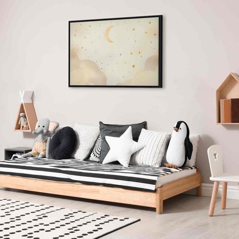 Quadro - Bright Night - Moon Accompanied by Many Stars on a Light Background in Luci notturne per bambini Collezione Casa - Trebisacce, commercioVirtuoso.it